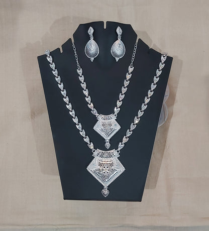 Silver AD stones layered necklace with matching earrings