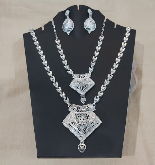 Silver AD stones layered necklace with matching earrings