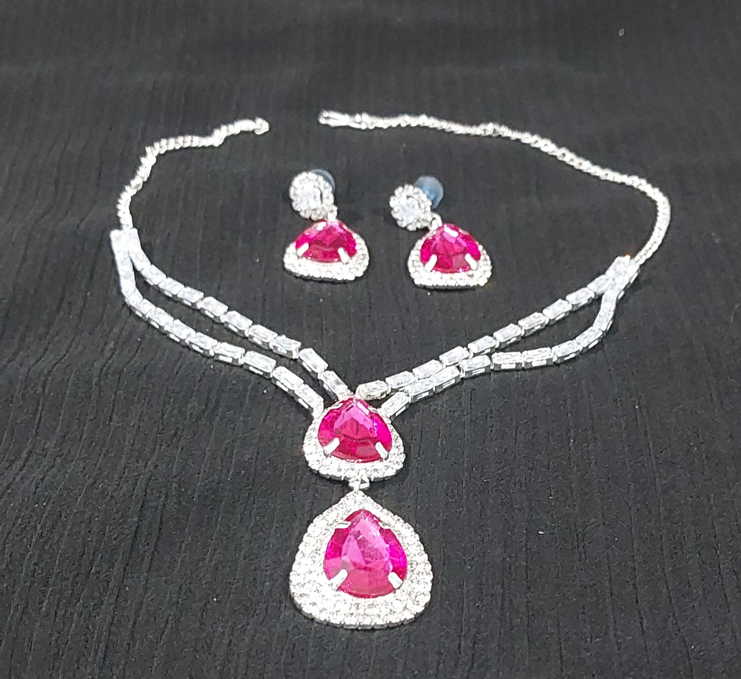 Silver AD stones,monalisa stones & crystals Rani Pink necklace & earrings