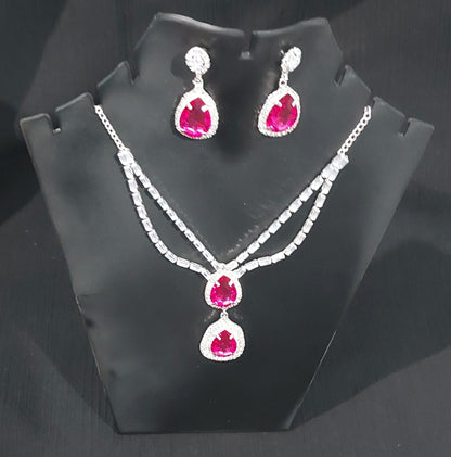 Silver AD stones,monalisa stones & crystals Rani Pink necklace & earrings