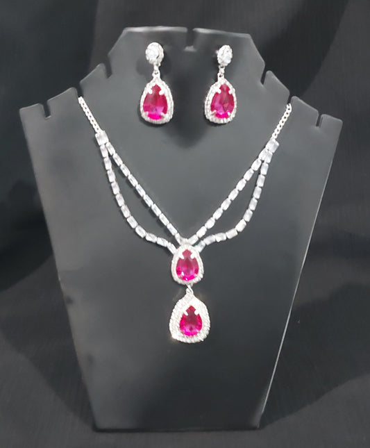 Silver AD stones,monalisa stones & crystals Rani Pink necklace & earrings