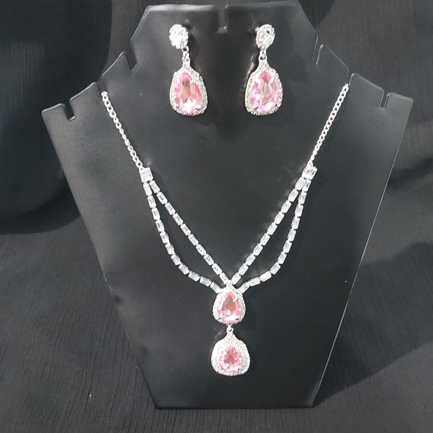 Silver AD,crystals monalisa stones pink necklace & earrings