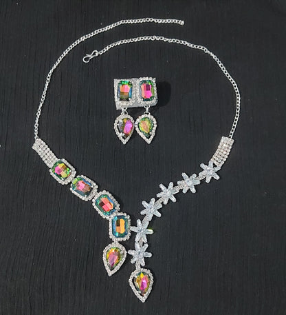 Silver AD stone & monalisa stones multicolour necklace & earrings