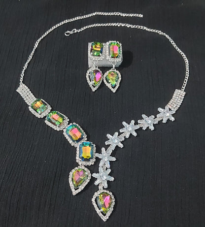 Silver AD stone & monalisa stones multicolour necklace & earrings