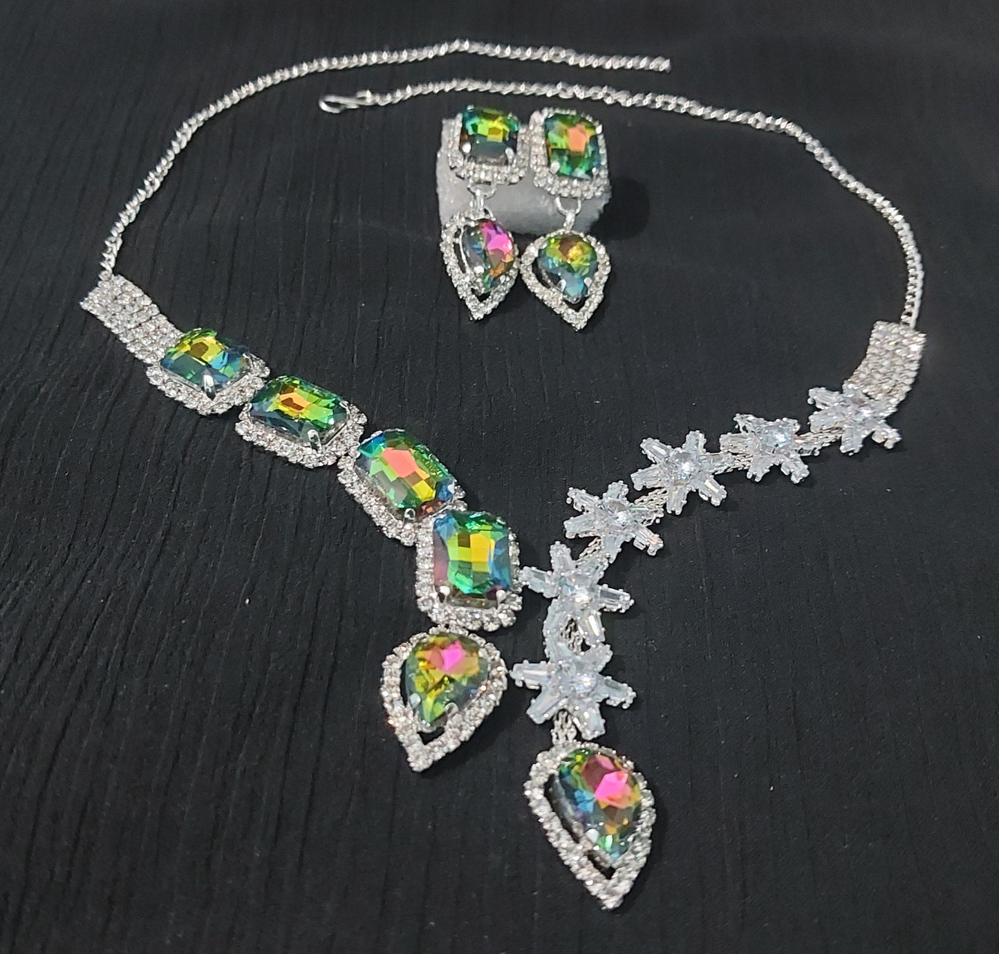 Silver AD stone & monalisa stones multicolour necklace & earrings