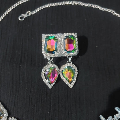 Silver AD stone & monalisa stones multicolour necklace & earrings