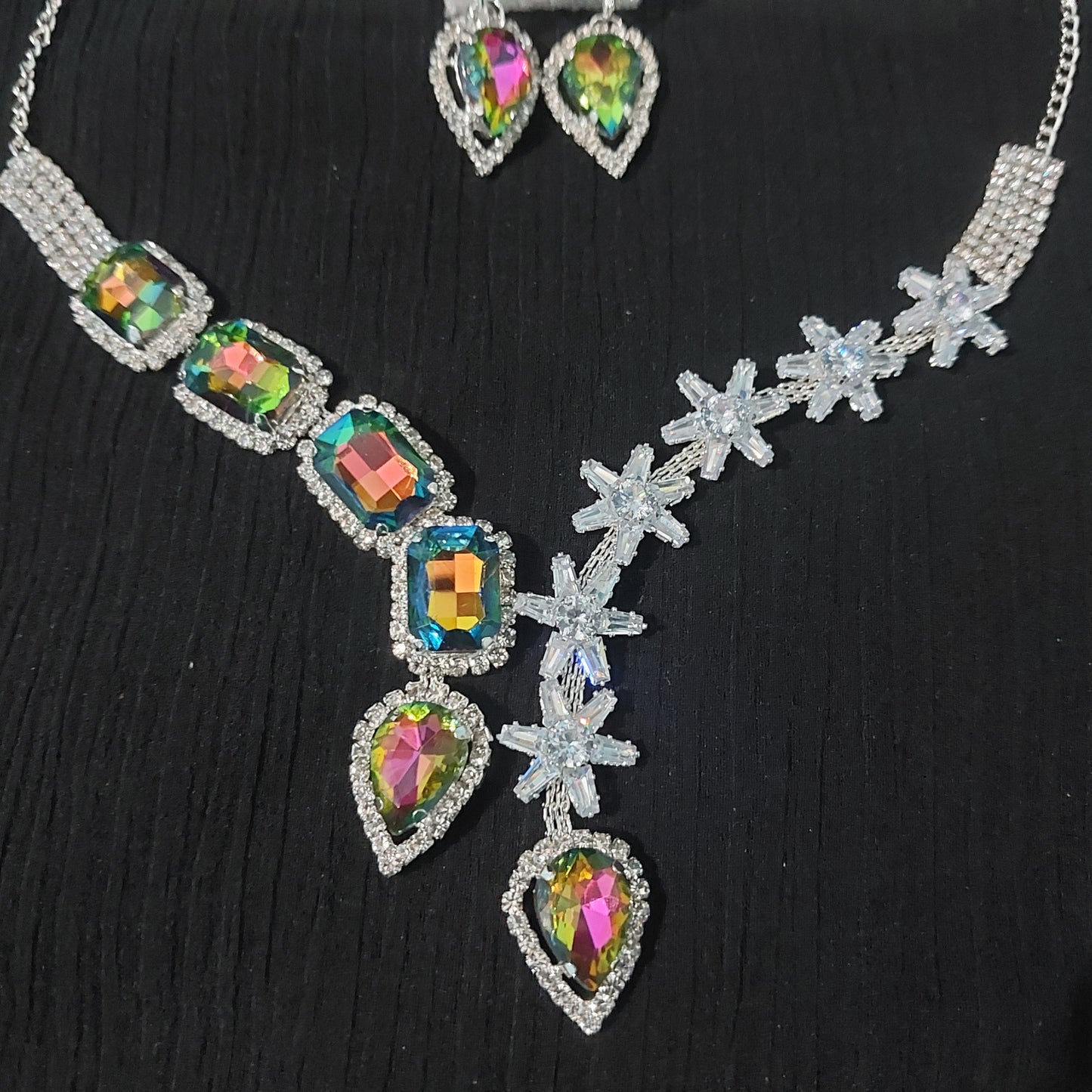 Silver AD stone & monalisa stones multicolour necklace & earrings