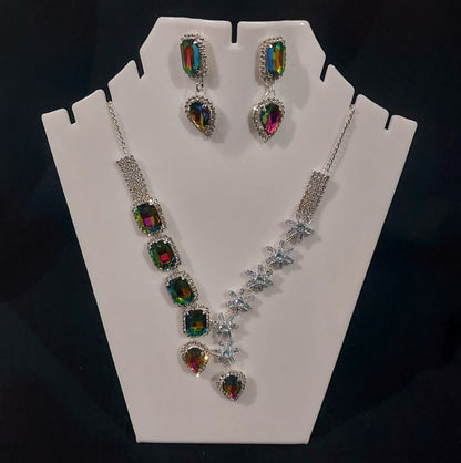 Silver AD stone & monalisa stones multicolour necklace & earrings