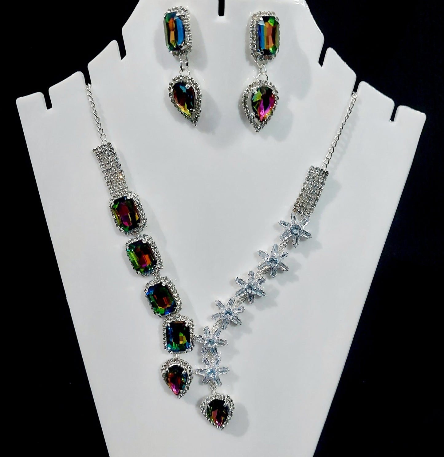 Silver AD stone & monalisa stones multicolour necklace & earrings