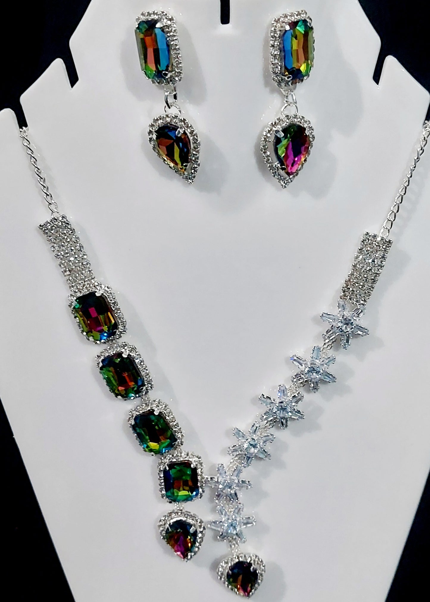 Silver AD stone & monalisa stones multicolour necklace & earrings