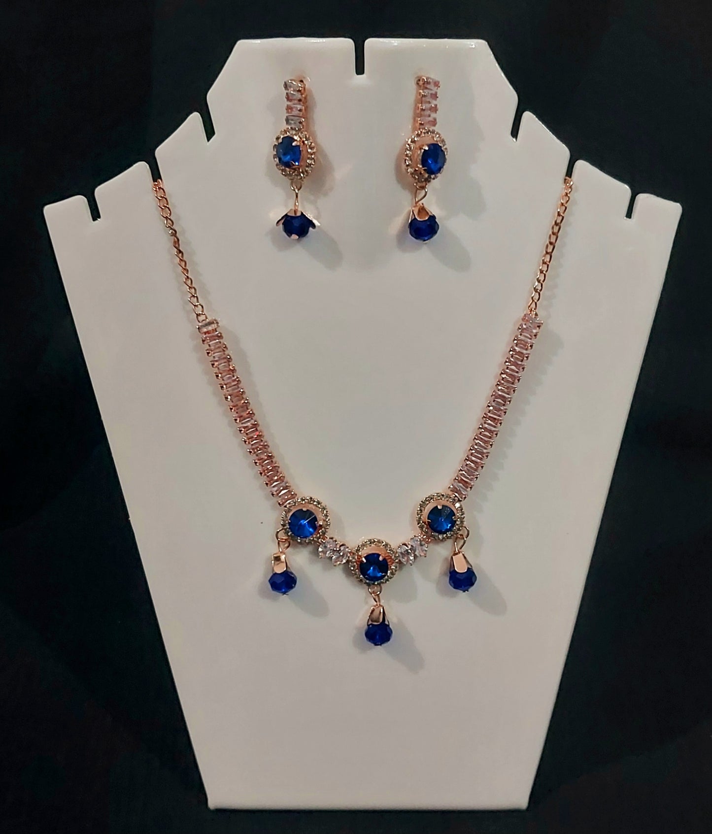 Rose Gold Blue AD stone crystal & beads necklace & earrings