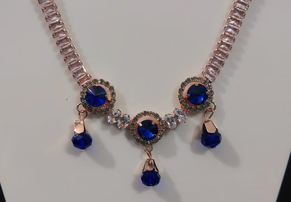 Rose Gold Blue AD stone crystal & beads necklace & earrings