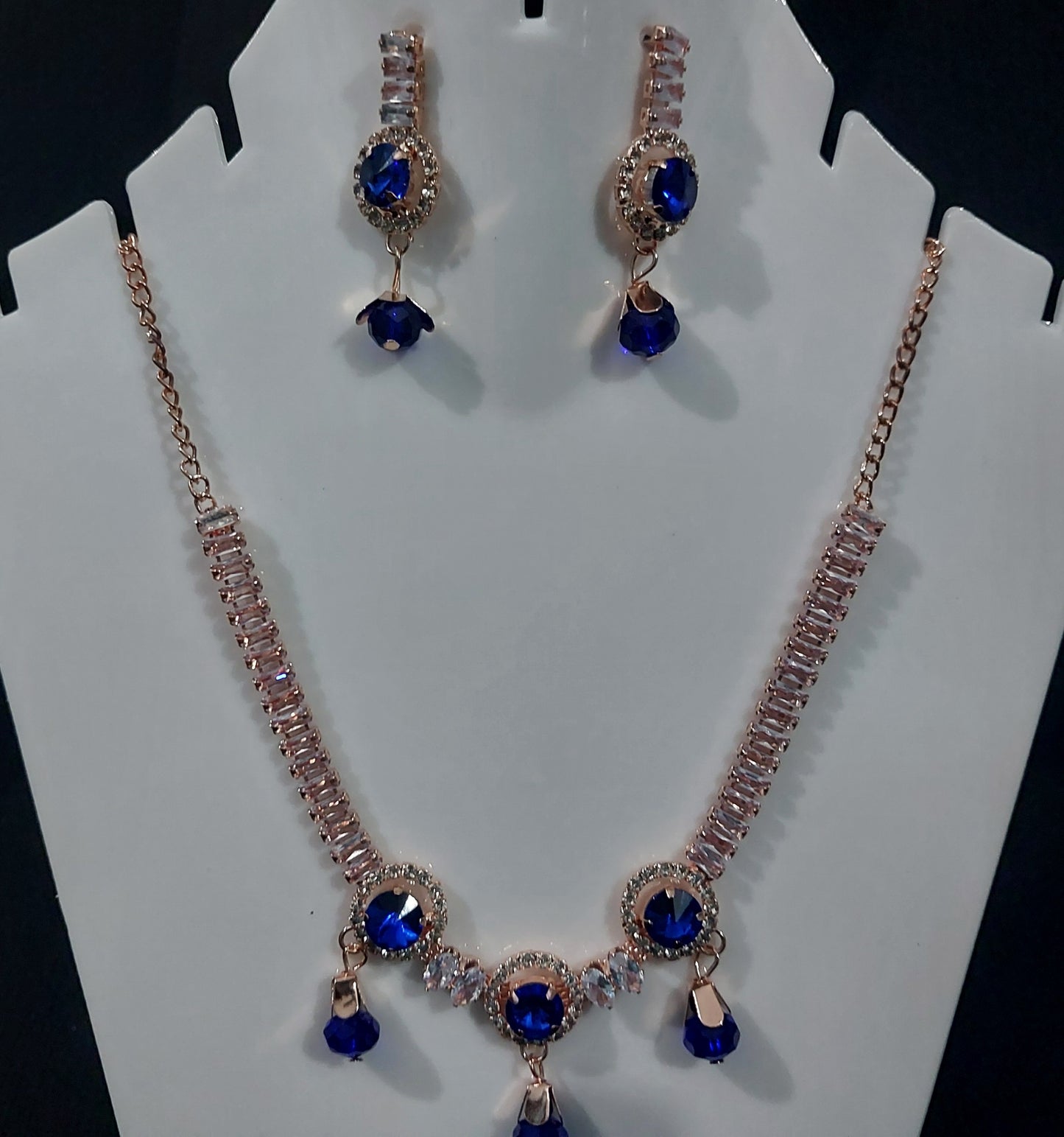 Rose Gold Blue AD stone crystal & beads necklace & earrings