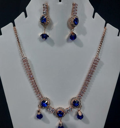 Rose Gold Blue AD stone crystal & beads necklace & earrings