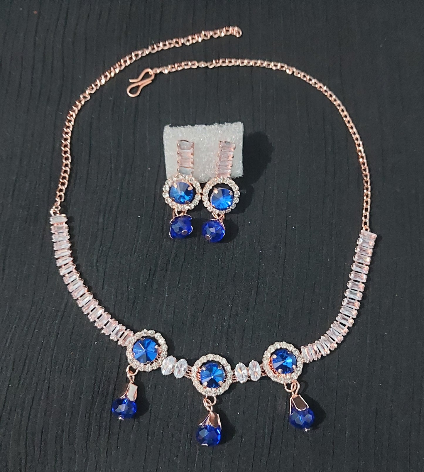 Rose Gold Blue AD stone crystal & beads necklace & earrings