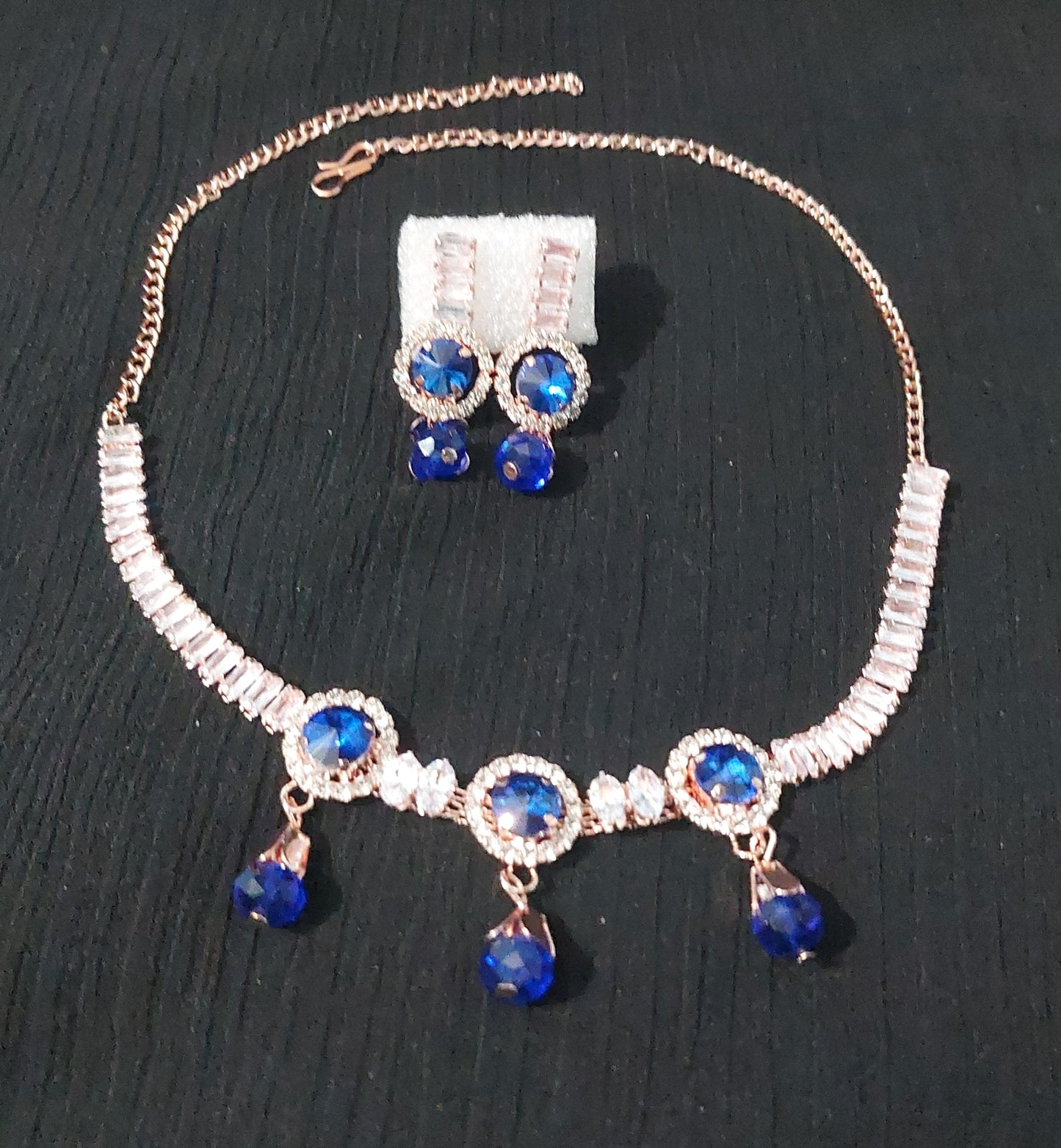 Rose Gold Blue AD stone crystal & beads necklace & earrings