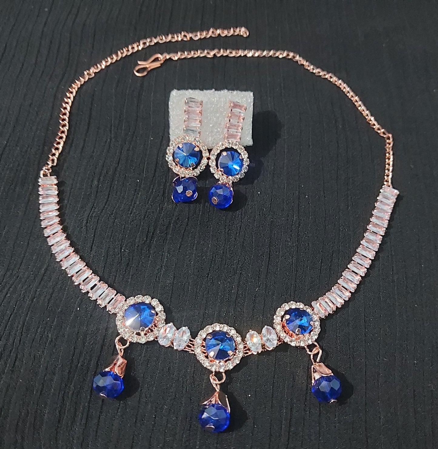 Rose Gold Blue AD stone crystal & beads necklace & earrings