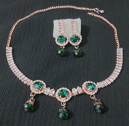 Rose Gold AD stones crystal & beads necklace & earrings