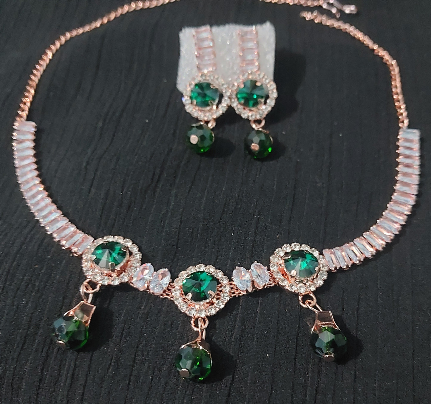 Rose Gold AD stones crystal & beads necklace & earrings