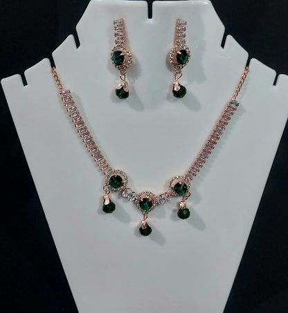 Rose Gold AD stones crystal & beads necklace & earrings