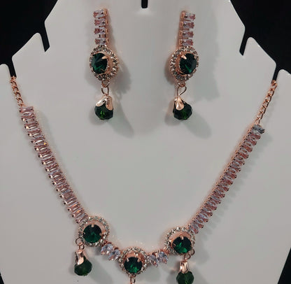 Rose Gold AD stones crystal & beads necklace & earrings