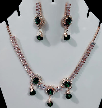 Rose Gold AD stones crystal & beads necklace & earrings