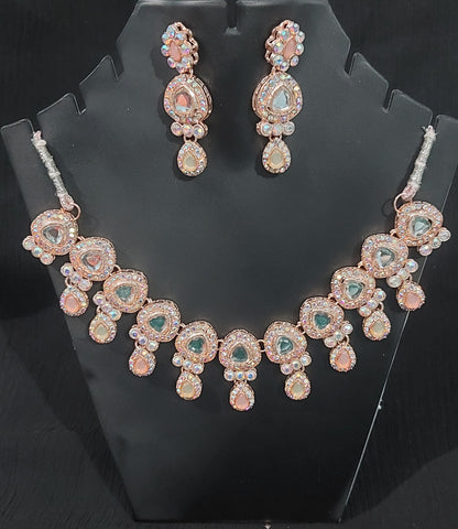 Rose Gold AD stones kundan necklace & earrings