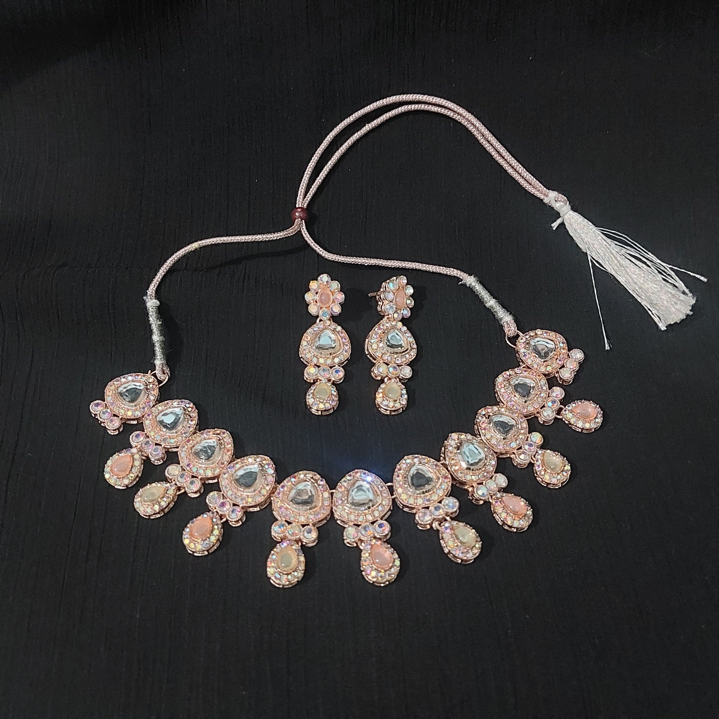 Rose Gold AD stones kundan necklace & earrings