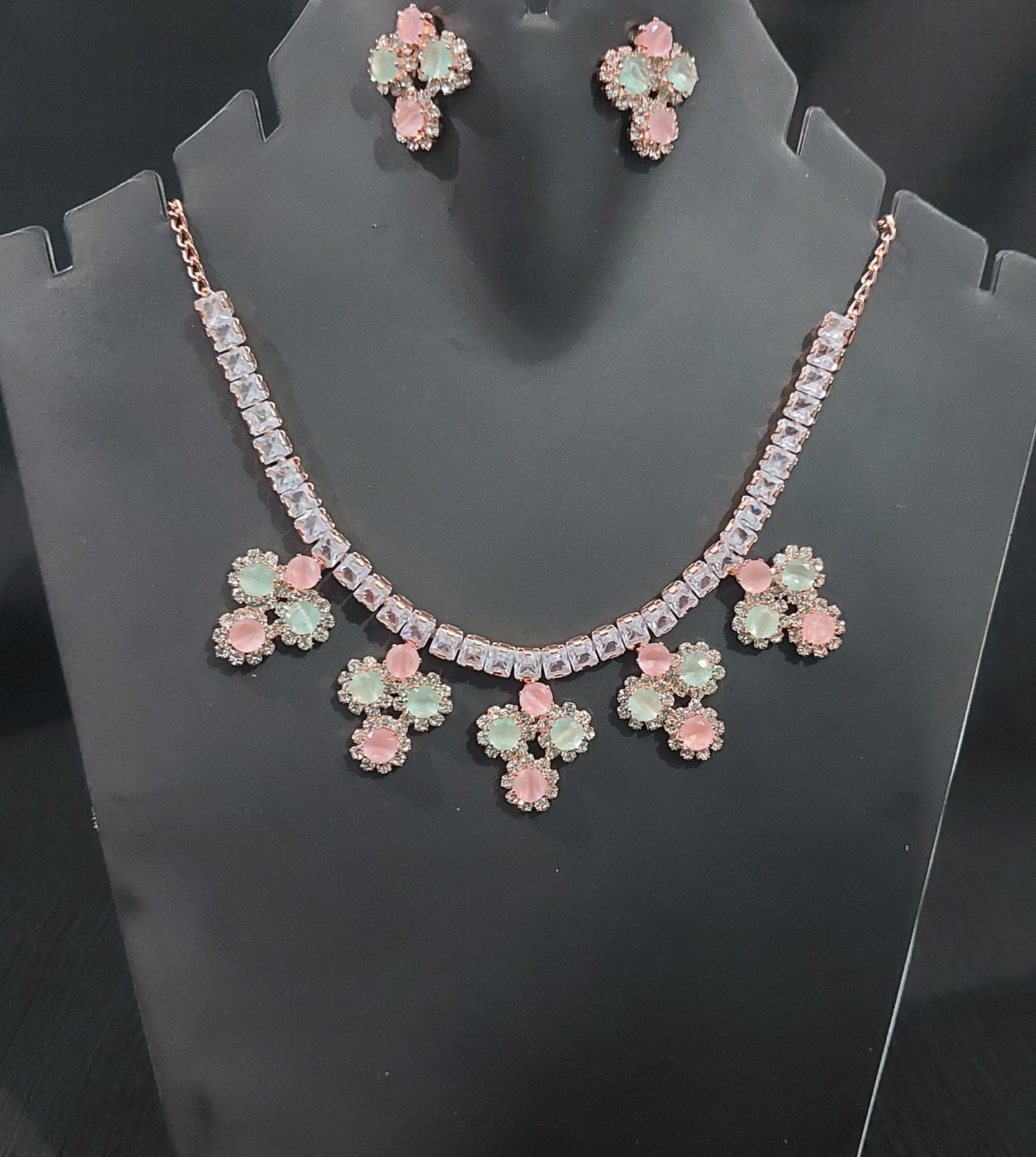 Rose Gold crystals Gem stones necklace & earrings