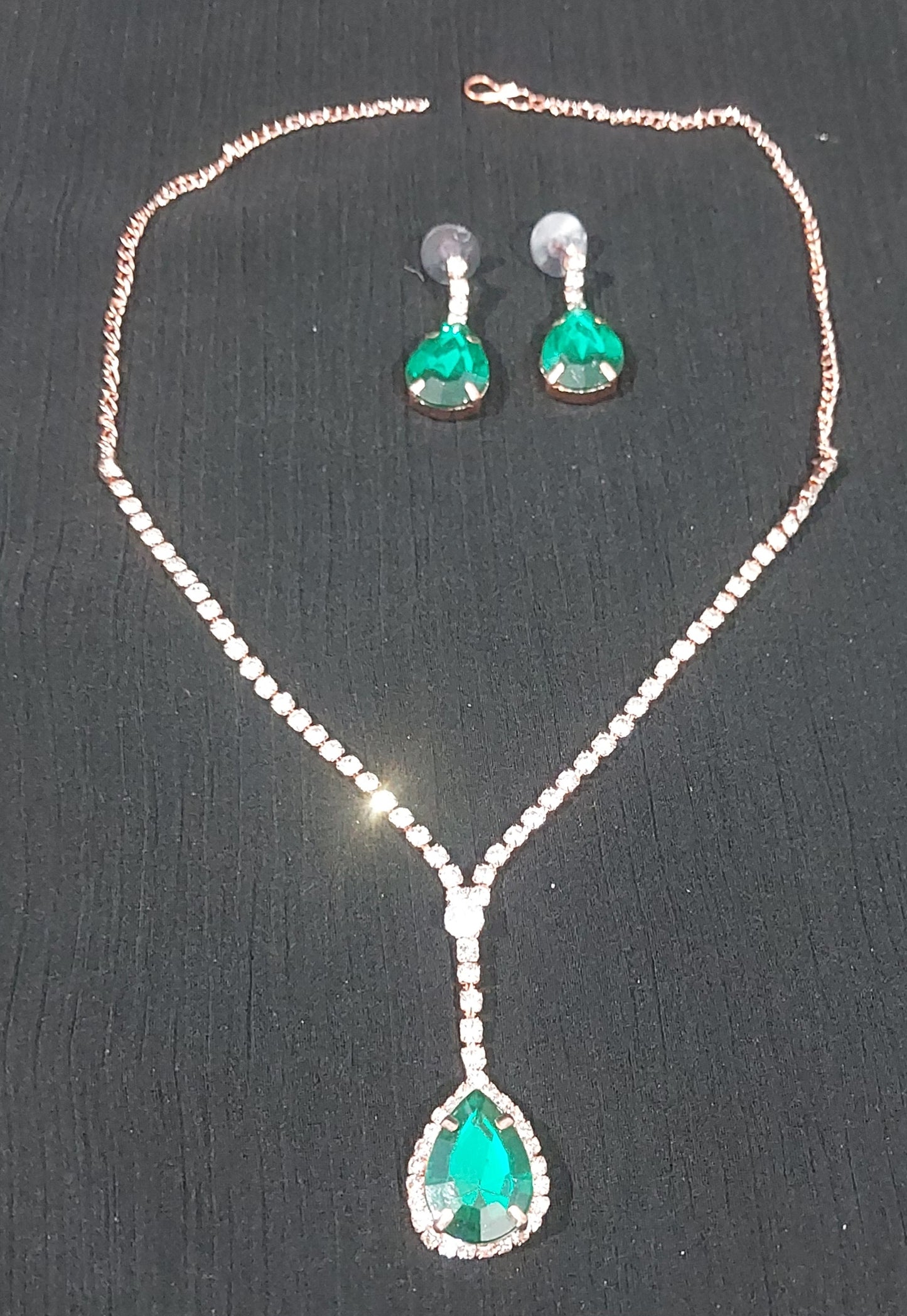 Rose-gold AD stones green necklace and earring