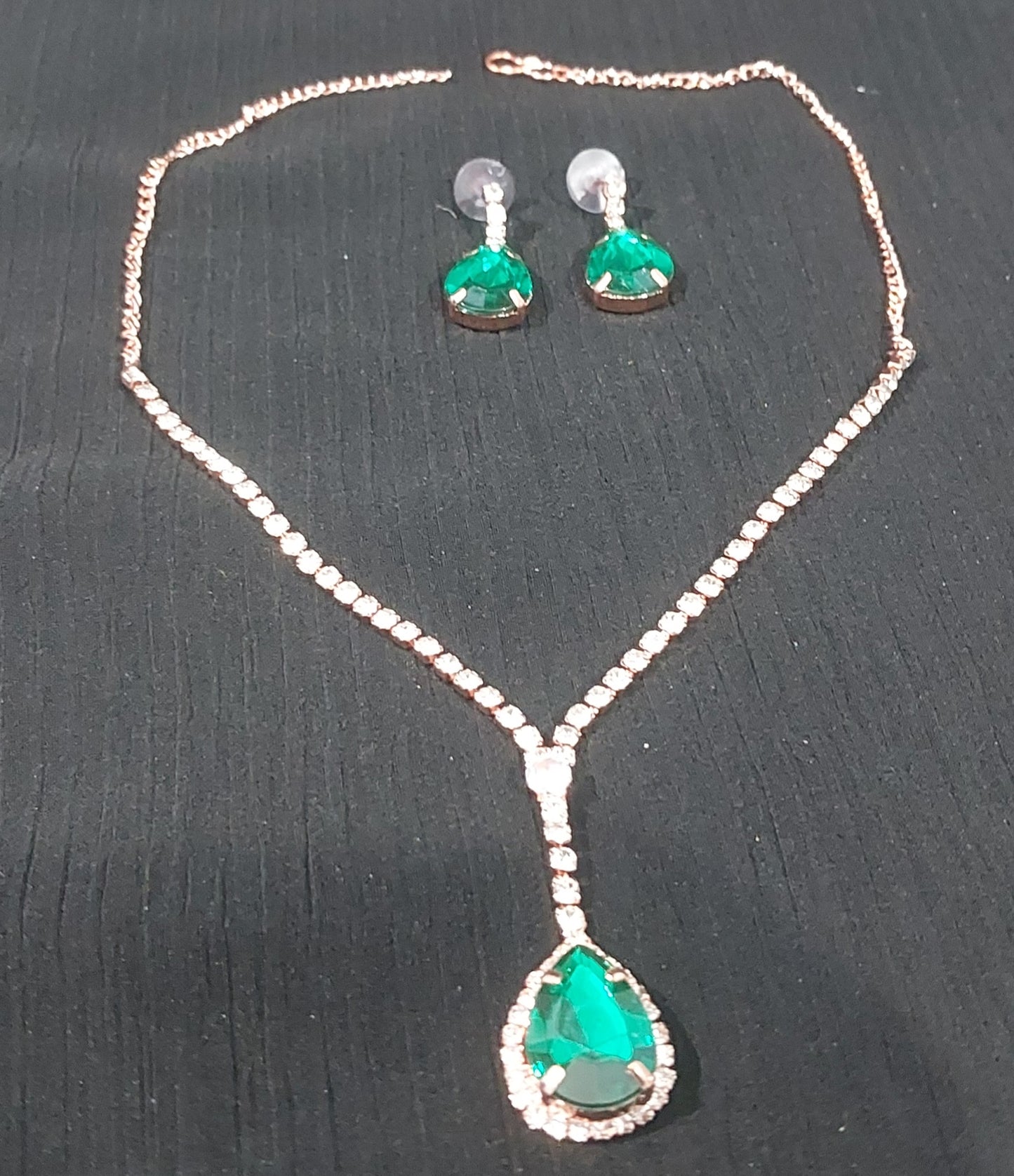 Rose-gold AD stones green necklace and earring