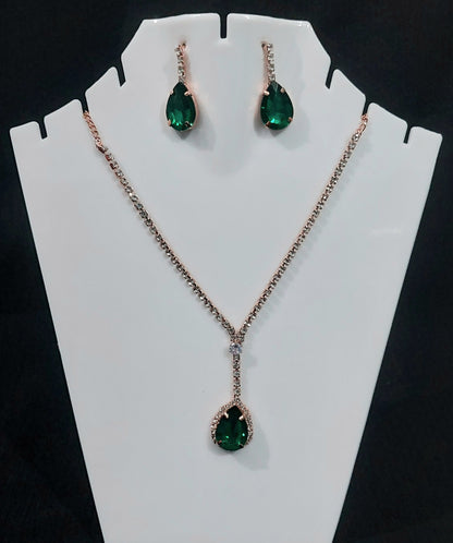 Rose-gold AD stones green necklace and earring