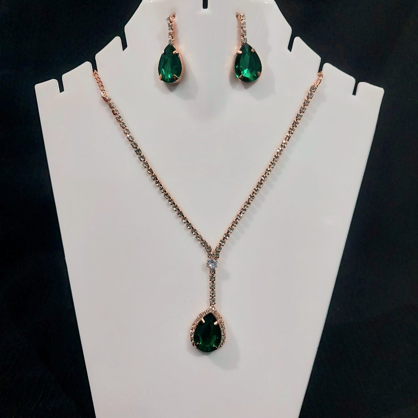 Rose-gold AD stones green necklace and earring