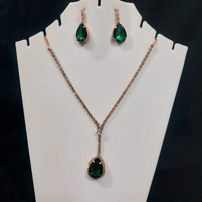 Rose-gold AD stones green necklace and earring