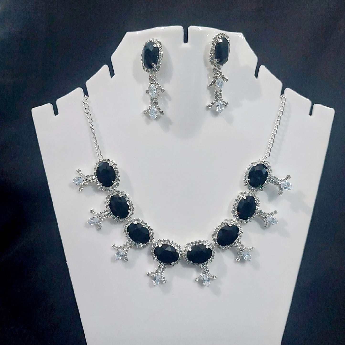 Silver AD stone crystal blck necklace & earrings