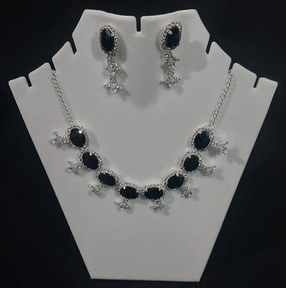 Silver AD stone crystal blck necklace & earrings