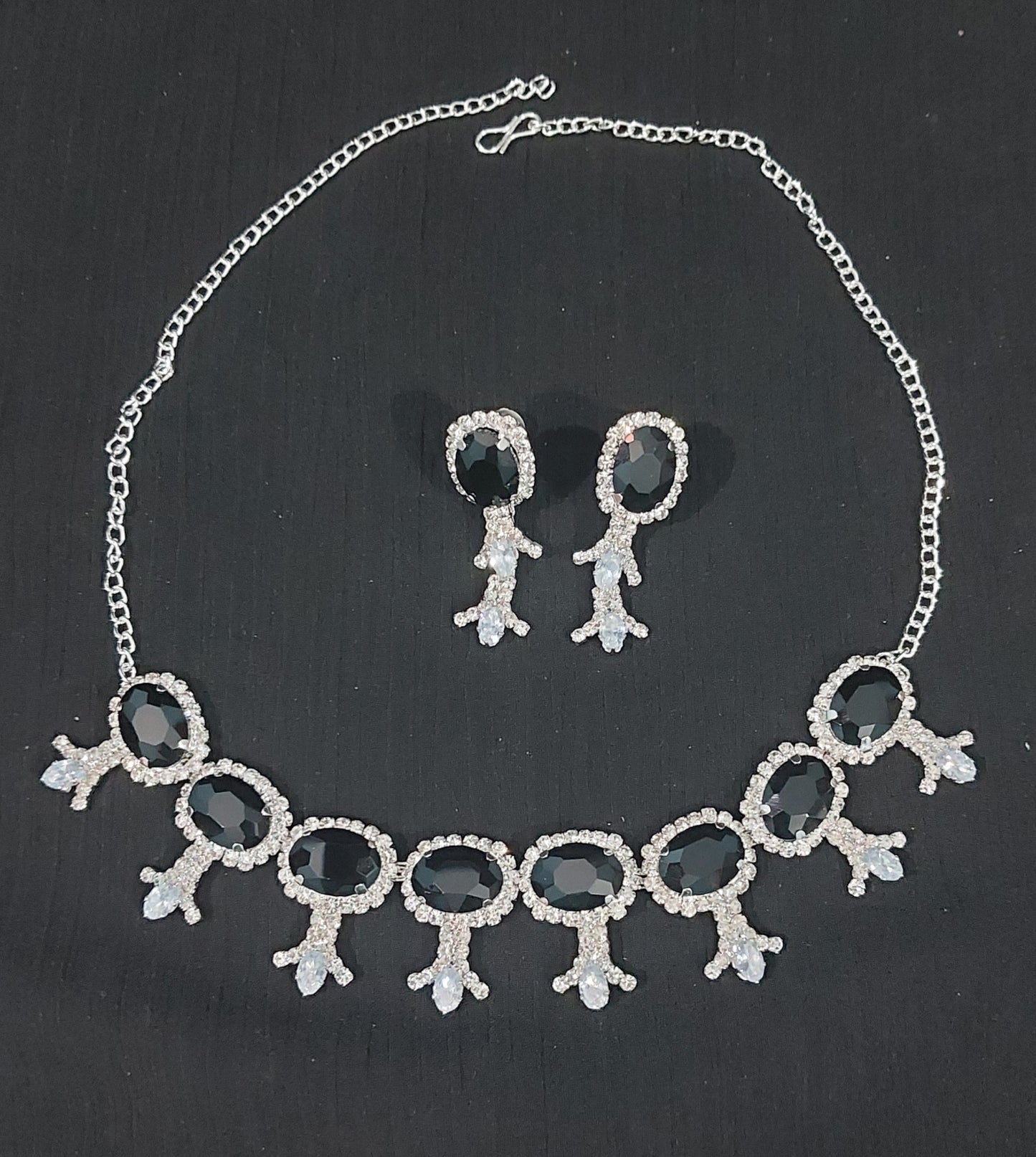 Silver AD stone crystal blck necklace & earrings