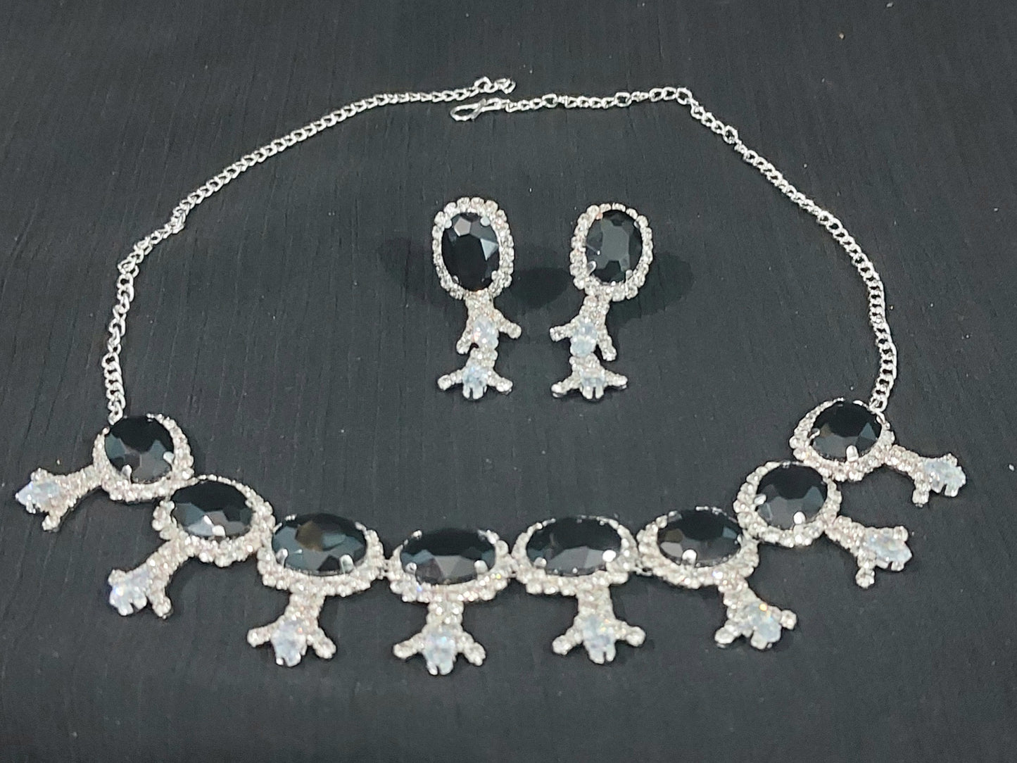 Silver AD stone crystal blck necklace & earrings