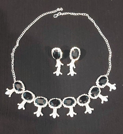 Silver AD stone crystal blck necklace & earrings