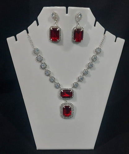 Silver AD stones red necklace & earrings