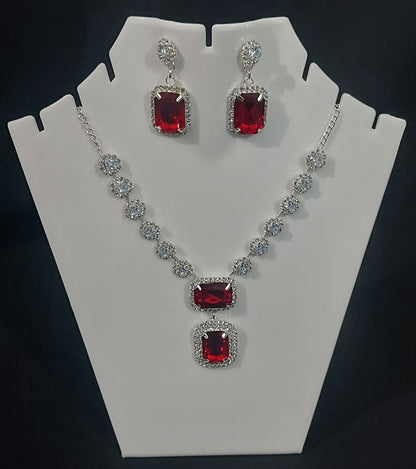 Silver AD stones red necklace & earrings