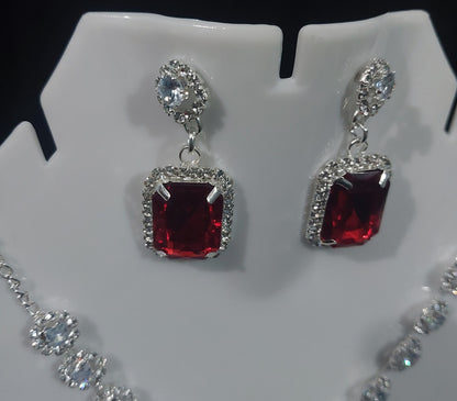 Silver AD stones red necklace & earrings