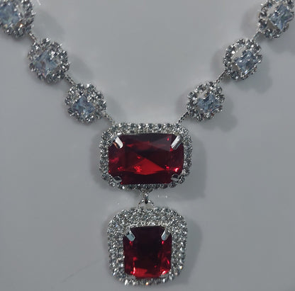 Silver AD stones red necklace & earrings