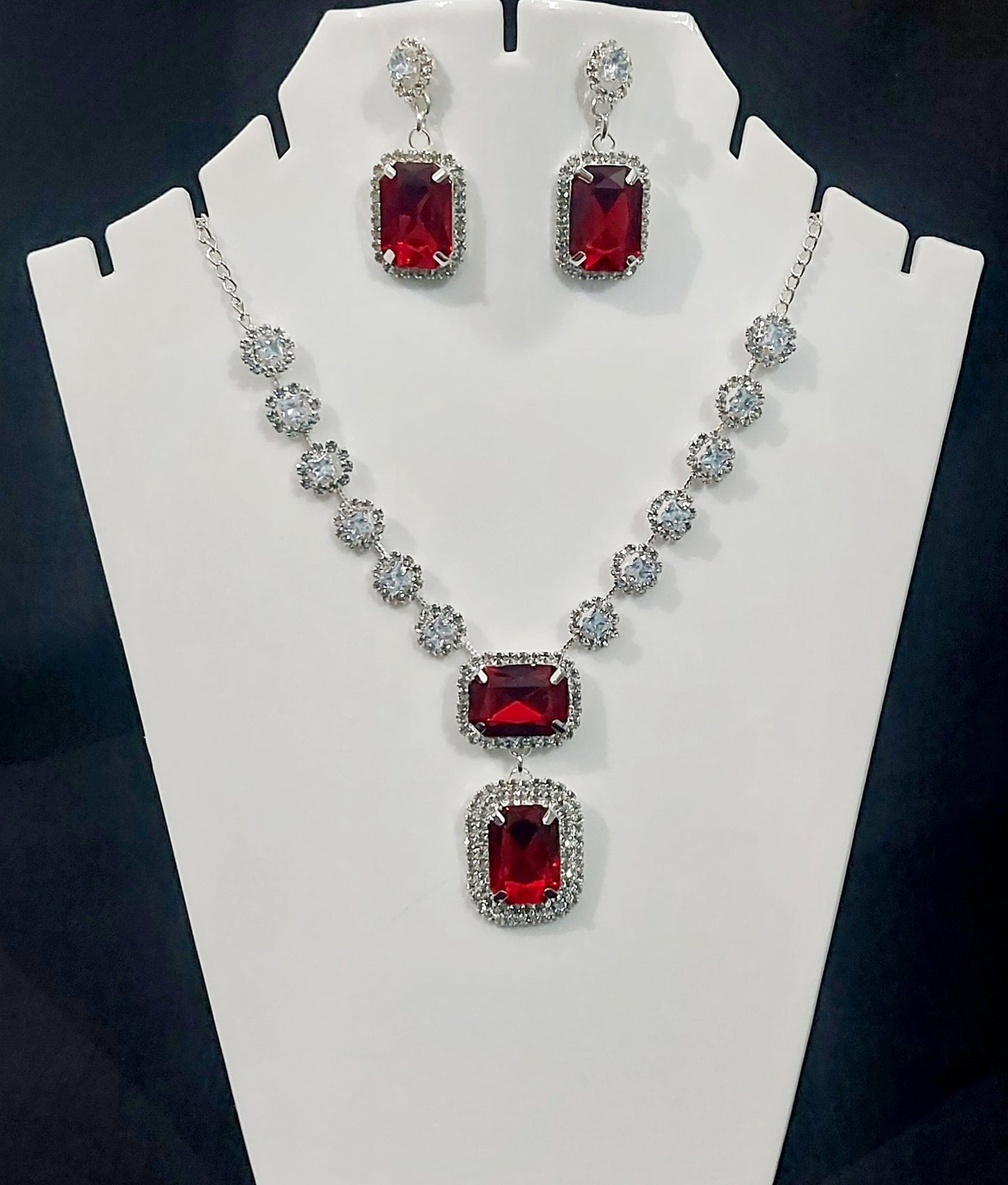 Silver AD stones red necklace & earrings