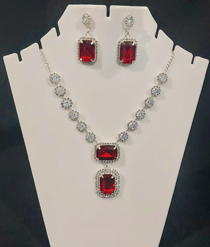 Silver AD stones red necklace & earrings