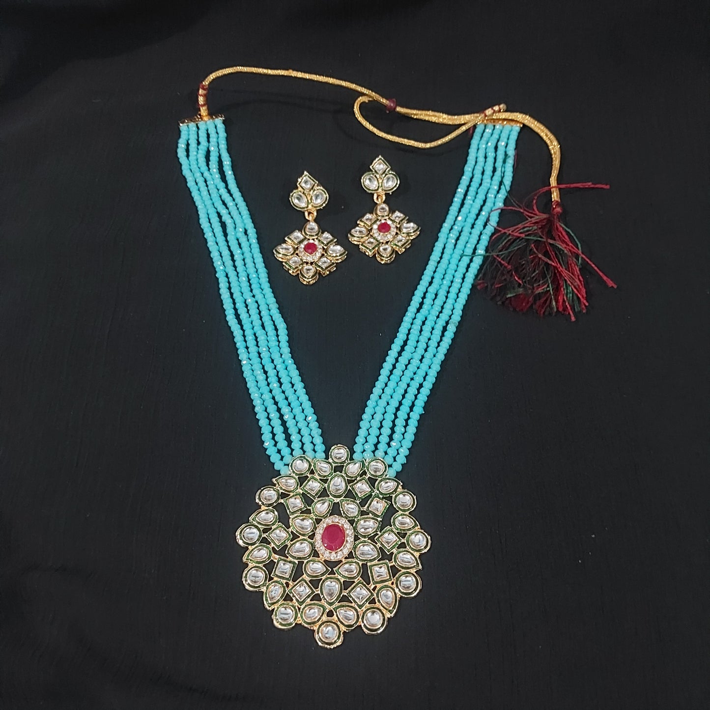 Kundan & crystal beads sky blue long necklace & earrings