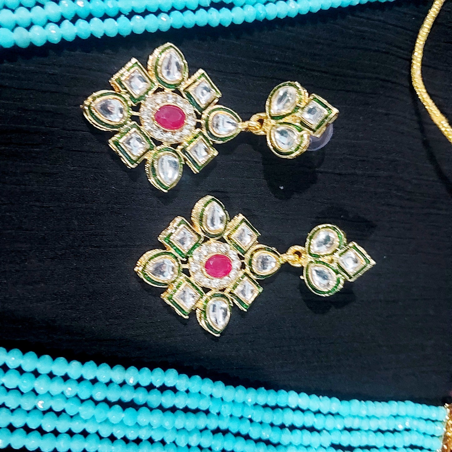 Kundan & crystal beads sky blue long necklace & earrings