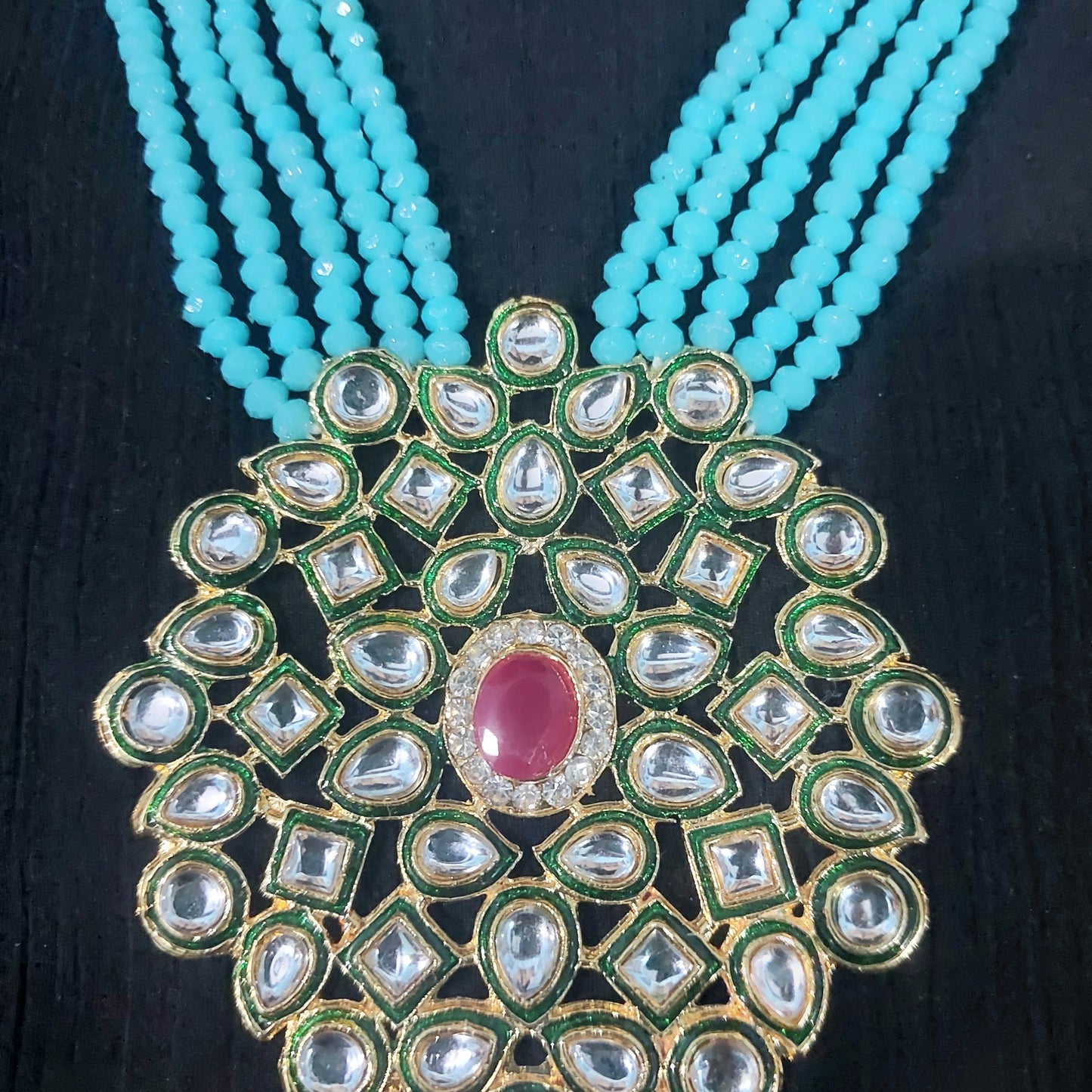 Kundan & crystal beads sky blue long necklace & earrings