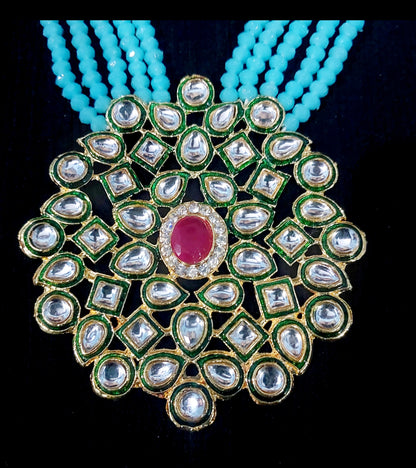 Kundan & crystal beads sky blue long necklace & earrings