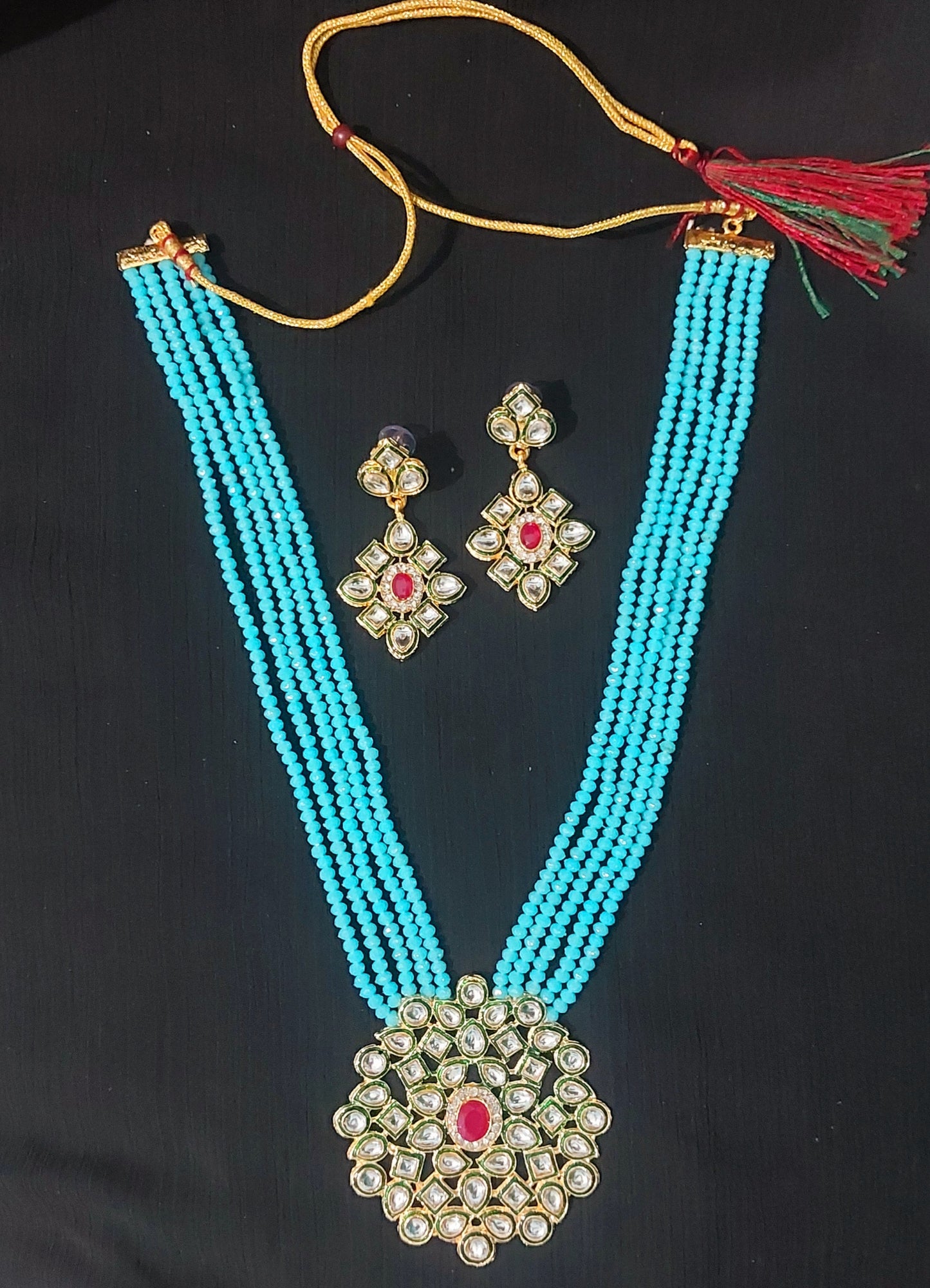 Kundan & crystal beads sky blue long necklace & earrings